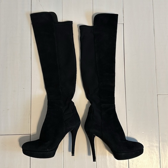 Stuart Weitzman Boots Tall Pull On Suede Leather High Heeled Boot Black Size 6 - Picture 3 of 8